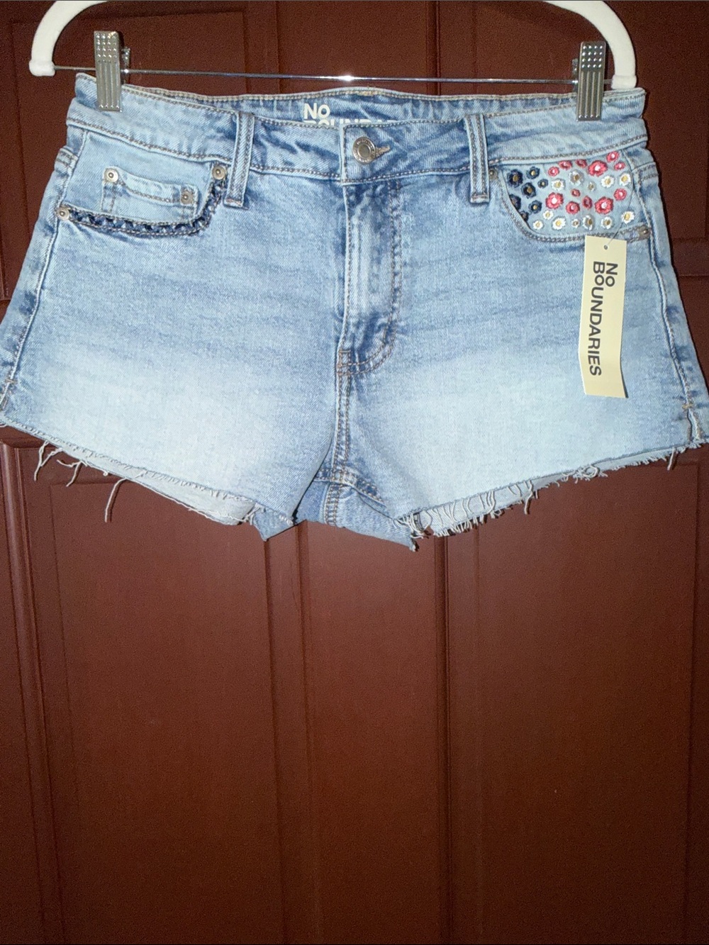No Boundaries Light Blue Denim Cutoff Shorts with Gem Stud Accent